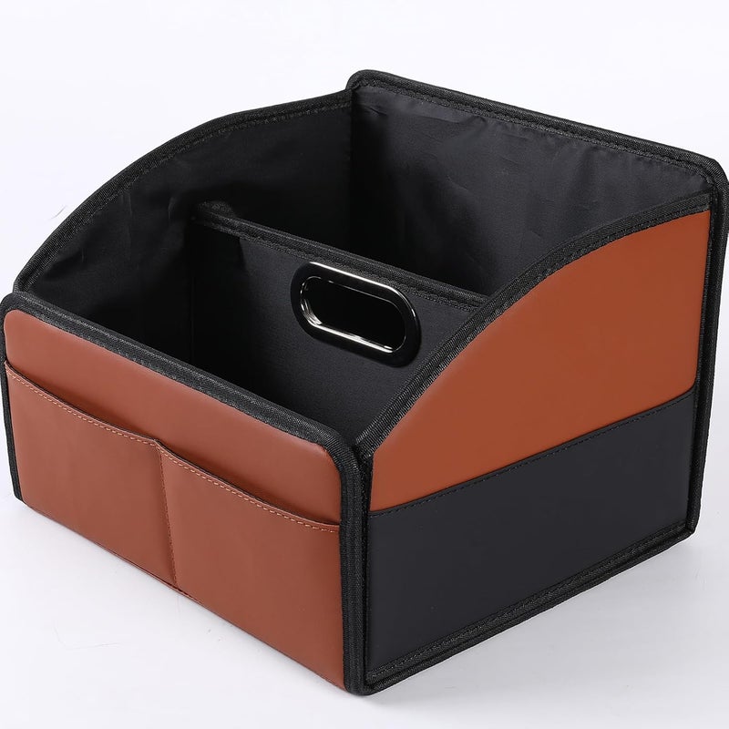 Uplien [2025 UPDATED] Leather Car Seat Organizer, Foldable Storage Box for Front Seat, Back Seats & Floor – Removable Divider, Metal Handle, Adjustable Anti-Slip Strap for Kids & Adults (Black & Brown) - Image 1